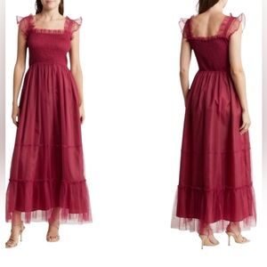 Melloday Burgundy Tulle Maxi Dress XL Smocked Romantic Formal Midi